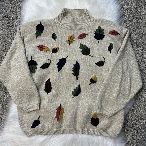 dressbarn Sweaters - Dress Barn Womens Turtleneck Sweater Fall Leave Embellished Vintage Beige 18/20